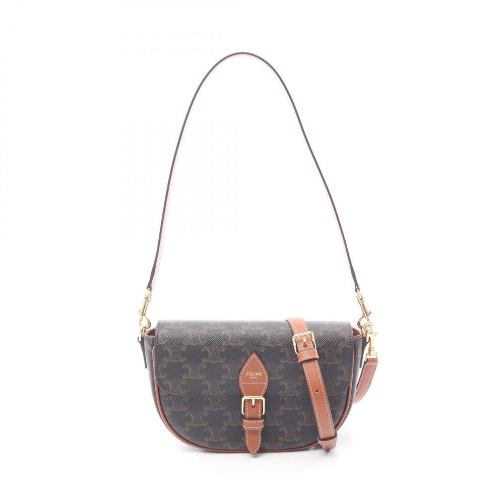 Celine Folco Triomphe Shoulder Bag Canvas Leather Black Brown - Picture 1 of 4